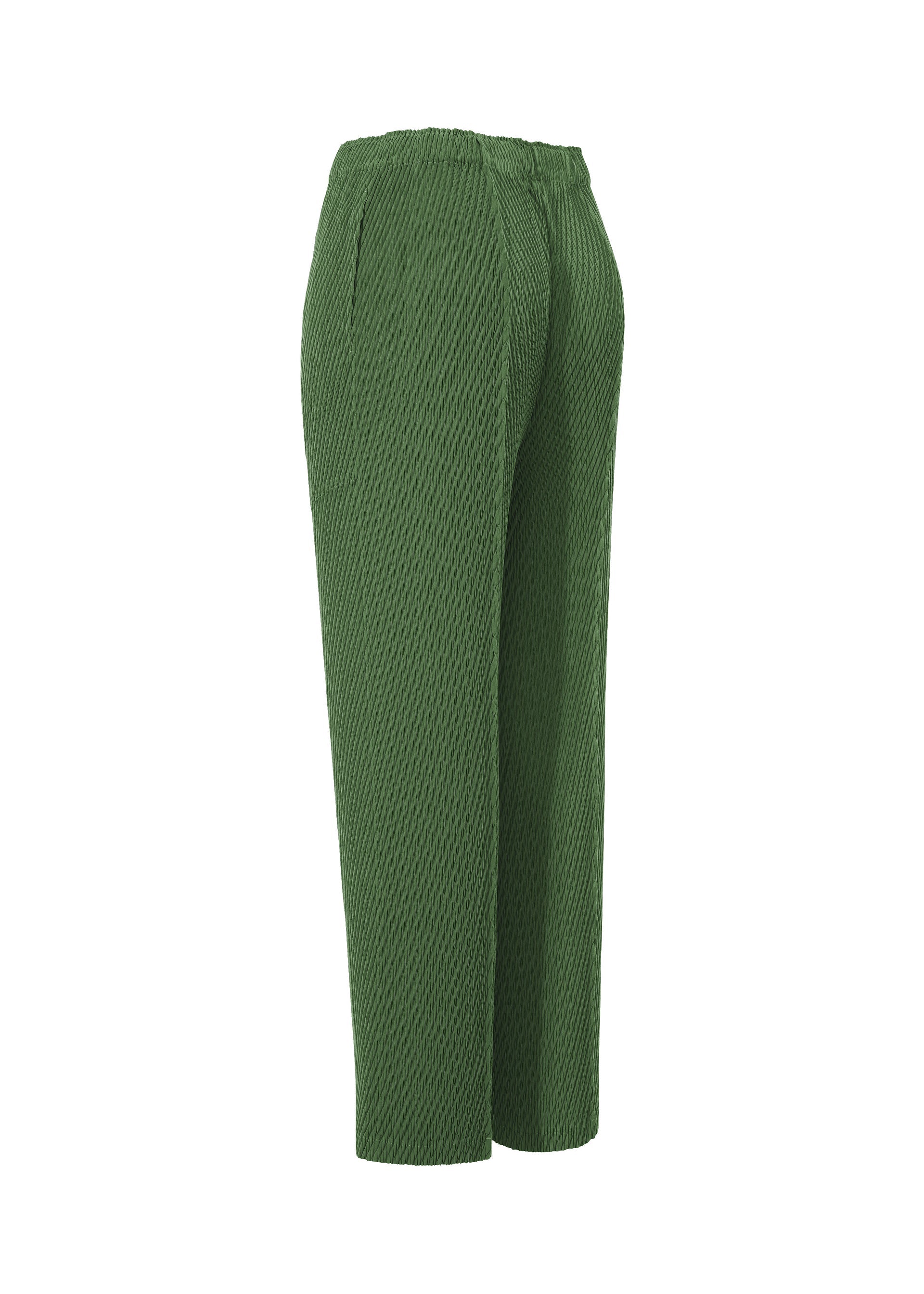 Zoomed view The RHOMBUS PLEATS pants by ISSEY MIYAKE feature a green textured fabric, relaxed fit, straight-leg cut, and elastic waistband, shown from a rear side angle against a plain white background.