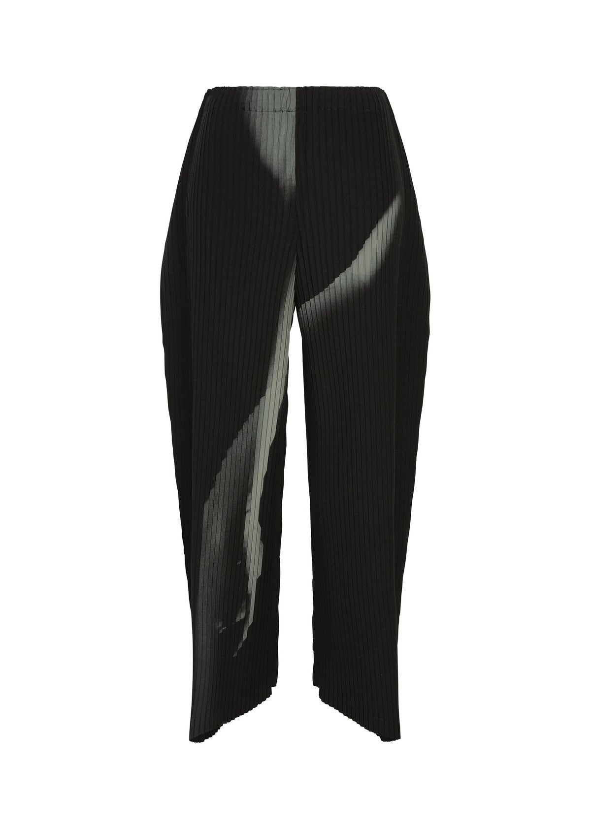 The HANDS OF LOVER PLEATS by ISSEY MIYAKE are black, high-waisted pleated pants with wide legs, crafted from polyester crepe de chine. Featuring an original abstract white brushstroke design inkjet printed on the front right side, these pants are displayed on a white background. view 1 of 7