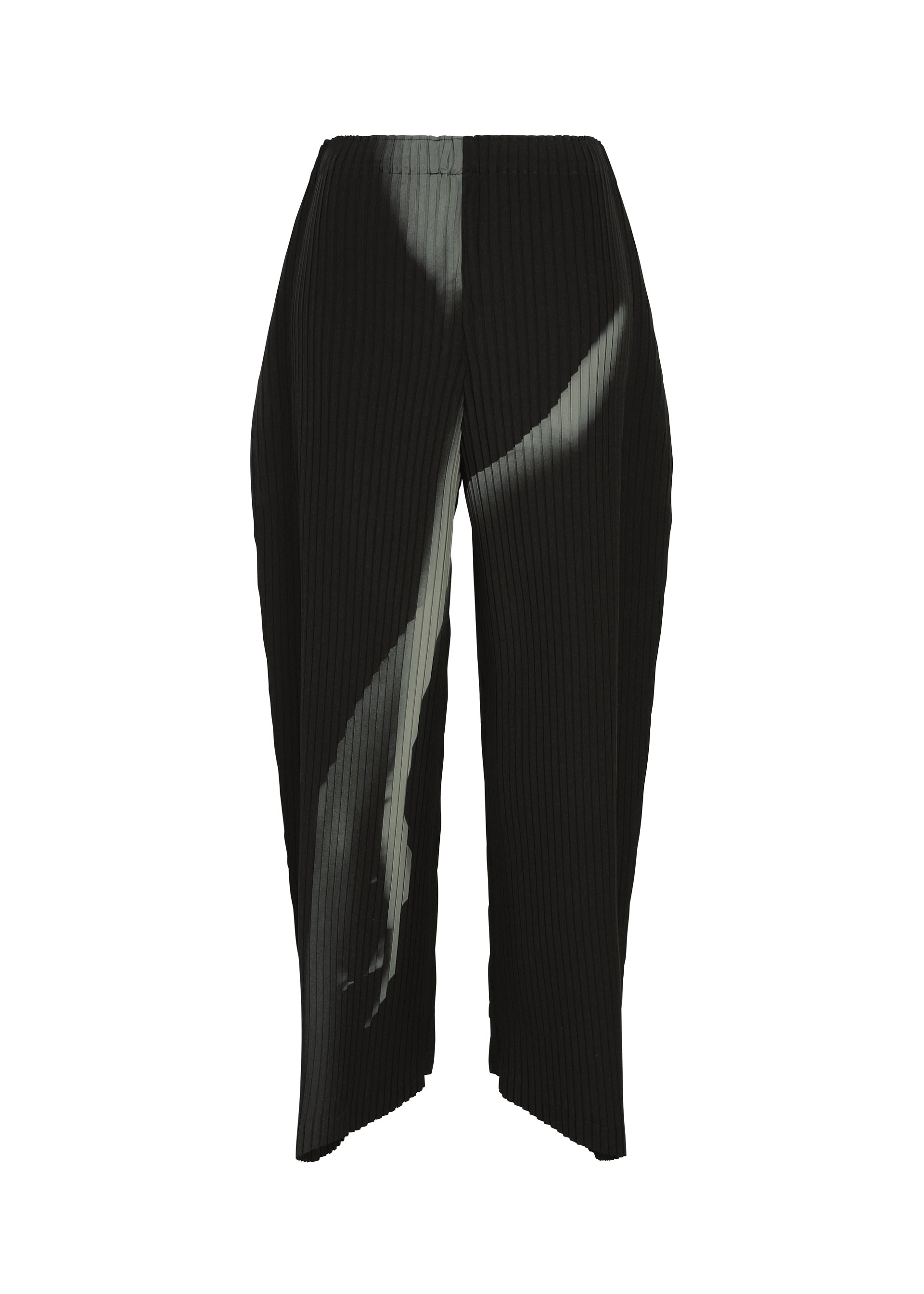 Zoomed view The HANDS OF LOVER PLEATS by ISSEY MIYAKE are black, high-waisted pleated pants with wide legs, crafted from polyester crepe de chine. Featuring an original abstract white brushstroke design inkjet printed on the front right side, these pants are displayed on a white background. - BLACK-HUED （no.17）