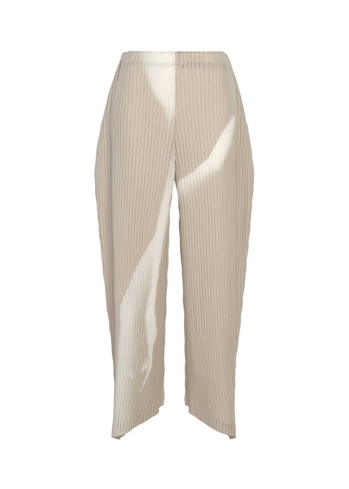 The HANDS OF LOVER PLEATS by ISSEY MIYAKE are beige high-waisted pants featuring a relaxed, straight-leg silhouette, crafted from polyester crepe de chine and shown against a white background. view 2 of 7