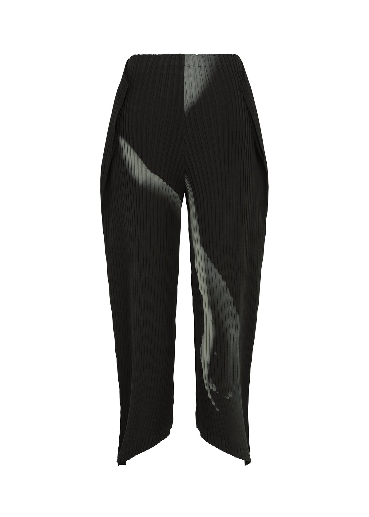 The HANDS OF LOVER PLEATS pants by ISSEY MIYAKE are black, high-waisted pleated trousers with tapered legs, expertly crafted from polyester crepe de chine. They feature a striking white original pattern—applied using advanced inkjet printing—along the left thigh and right shin, and are finished with practical side pockets. view 3 of 7