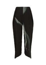 The HANDS OF LOVER PLEATS pants by ISSEY MIYAKE are black, high-waisted pleated trousers with tapered legs, expertly crafted from polyester crepe de chine. They feature a striking white original pattern—applied using advanced inkjet printing—along the left thigh and right shin, and are finished with practical side pockets.