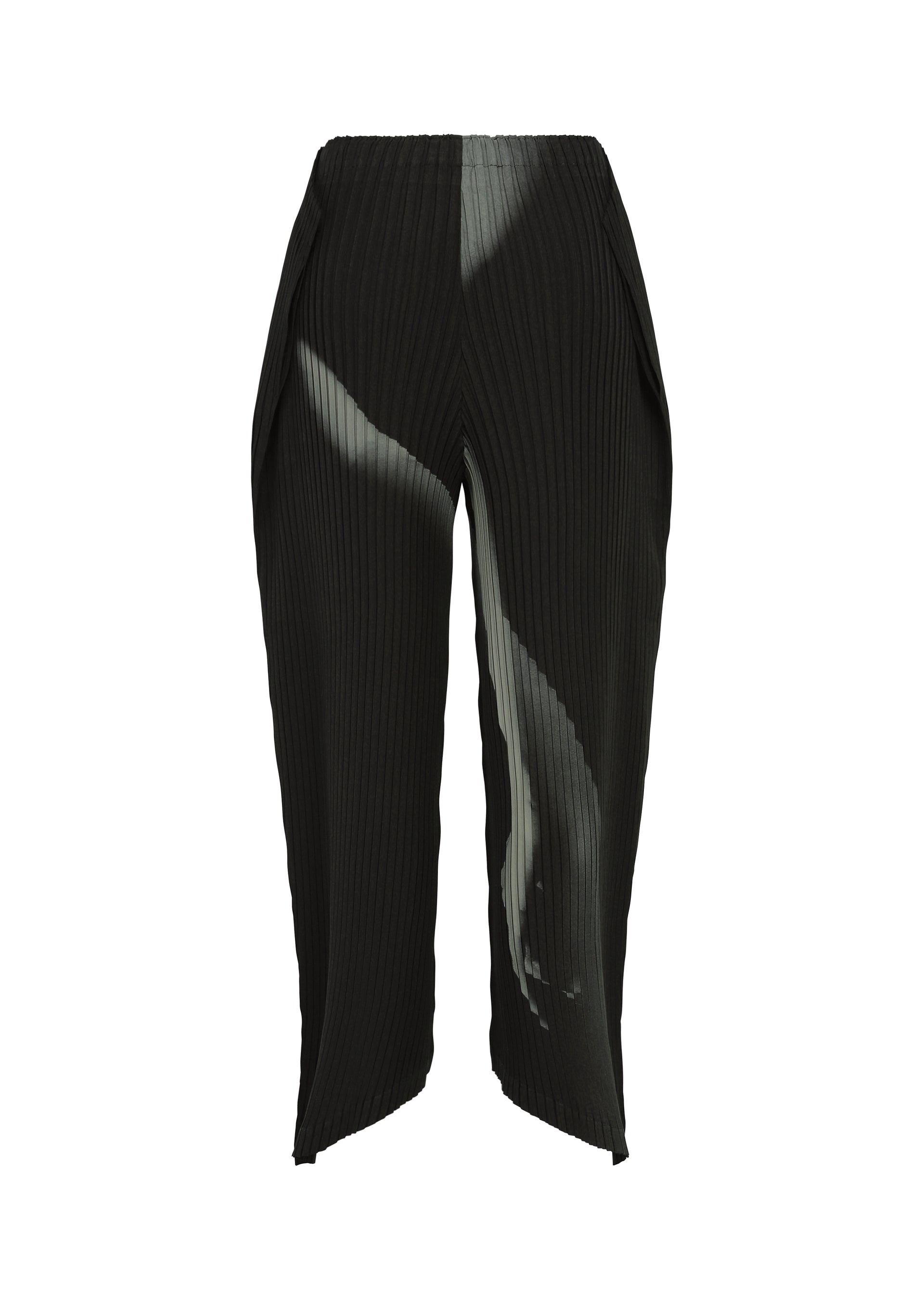 Zoomed view The HANDS OF LOVER PLEATS pants by ISSEY MIYAKE are black, high-waisted pleated trousers with tapered legs, expertly crafted from polyester crepe de chine. They feature a striking white original pattern—applied using advanced inkjet printing—along the left thigh and right shin, and are finished with practical side pockets.