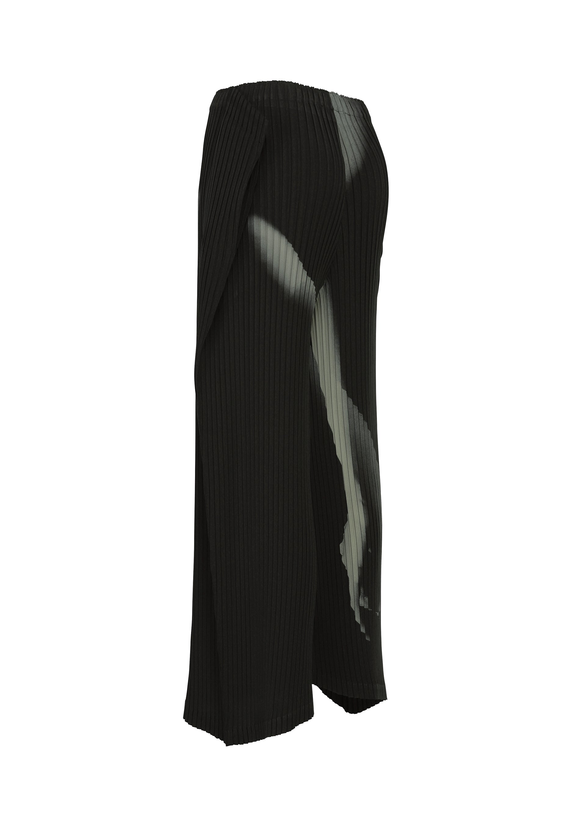Zoomed view The HANDS OF LOVER PLEATS skirt by ISSEY MIYAKE is a black, mid-length pleated skirt featuring an original white inkjet-printed pattern on the front. Crafted from polyester crepe de chine, it showcases a flowy, asymmetric silhouette and is displayed against a white background.