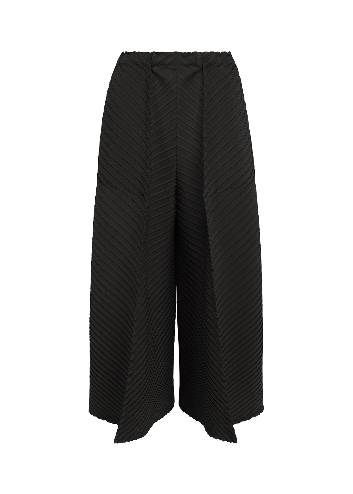 The “TUBULAR PLEATS” culottes by ISSEY MIYAKE are crafted from luxurious crepe de chine in black, featuring a high waist, elegant diagonal pleating, and an overlapping front panel design for added sophistication. view 1 of 5