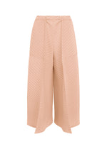 Introducing the TUBULAR PLEATS culottes by ISSEY MIYAKE—high-waisted, wide-legged pants in a blush hue, crafted from soft crepe de chine with distinctive diagonal pleating for a flowing, airy silhouette. - LIGHT PINK （no.21）