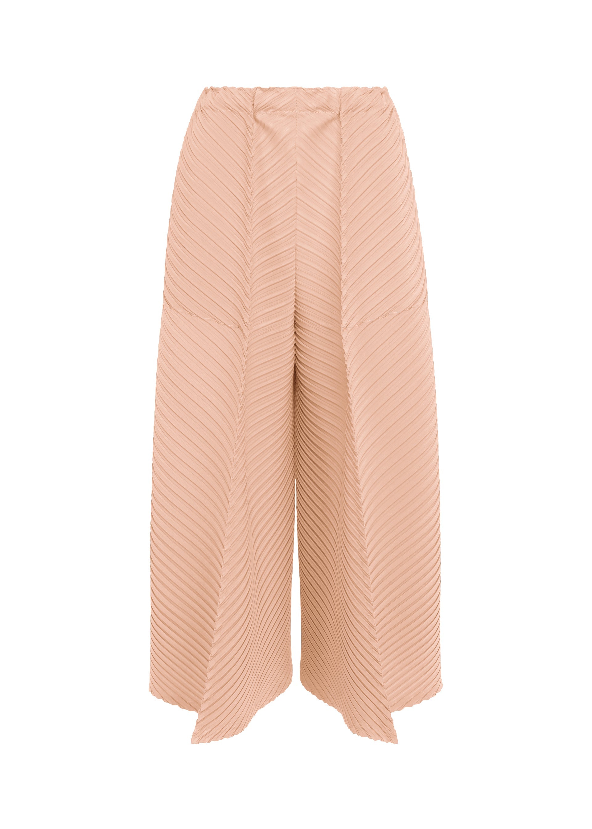 Zoomed view Introducing the TUBULAR PLEATS culottes by ISSEY MIYAKE—high-waisted, wide-legged pants in a blush hue, crafted from soft crepe de chine with distinctive diagonal pleating for a flowing, airy silhouette. - LIGHT PINK （no.21）