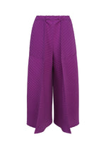The TUBULAR PLEATS trousers by ISSEY MIYAKE are expertly crafted from luxurious crepe de chine in a rich deep purple hue. These wide-legged culottes feature a high waist and a bold, structured silhouette, showcasing pleats with a distinctive diagonal ribbed texture. - PURPLE （no.81）