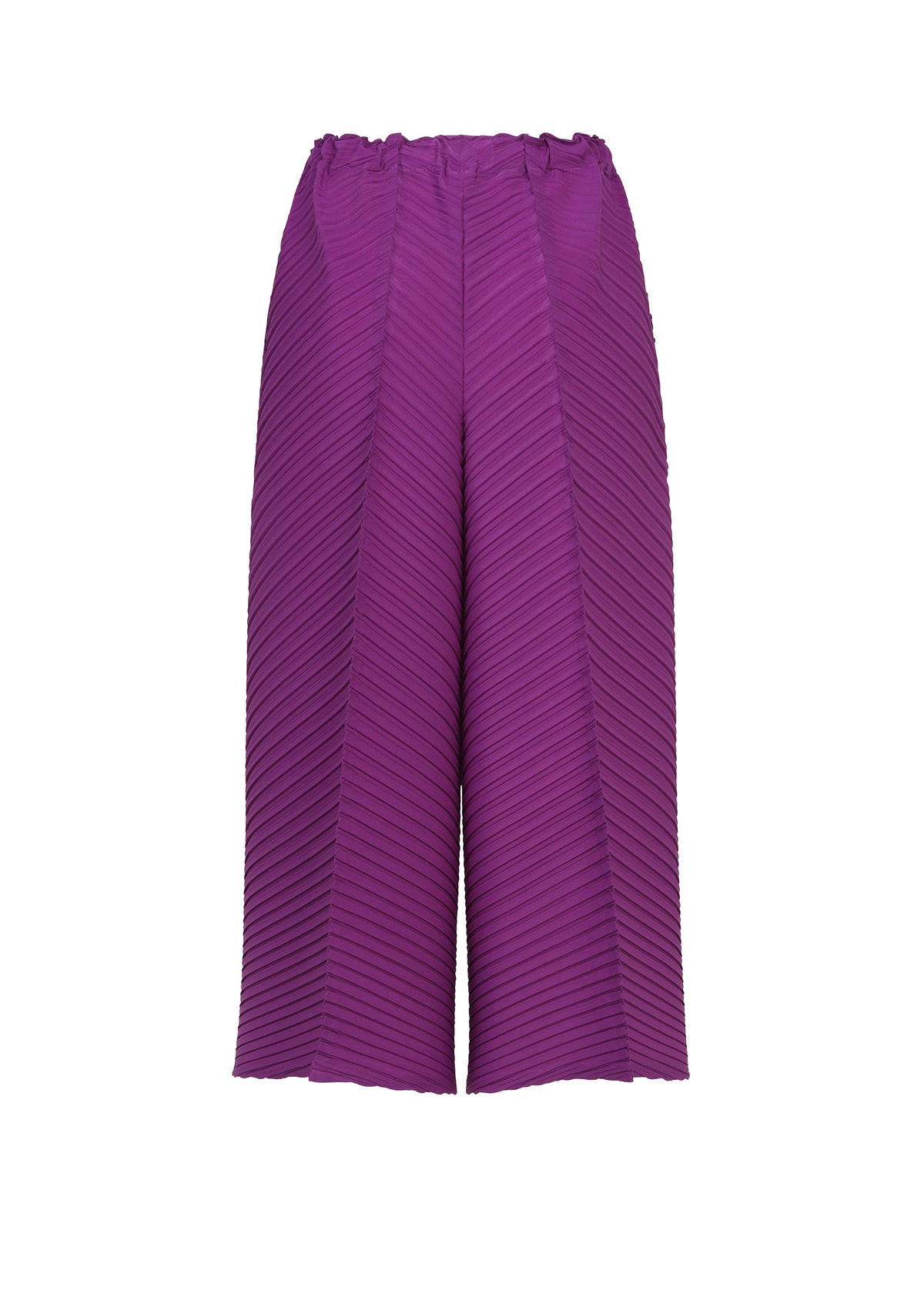 Introducing TUBULAR PLEATS by ISSEY MIYAKE: Cropped wide-leg purple pants, featuring a distinctive diagonal ribbed pattern and elastic waistband. Expertly crafted from crepe de chine with signature diagonal pleating for a structured, modern silhouette. view 4 of 5