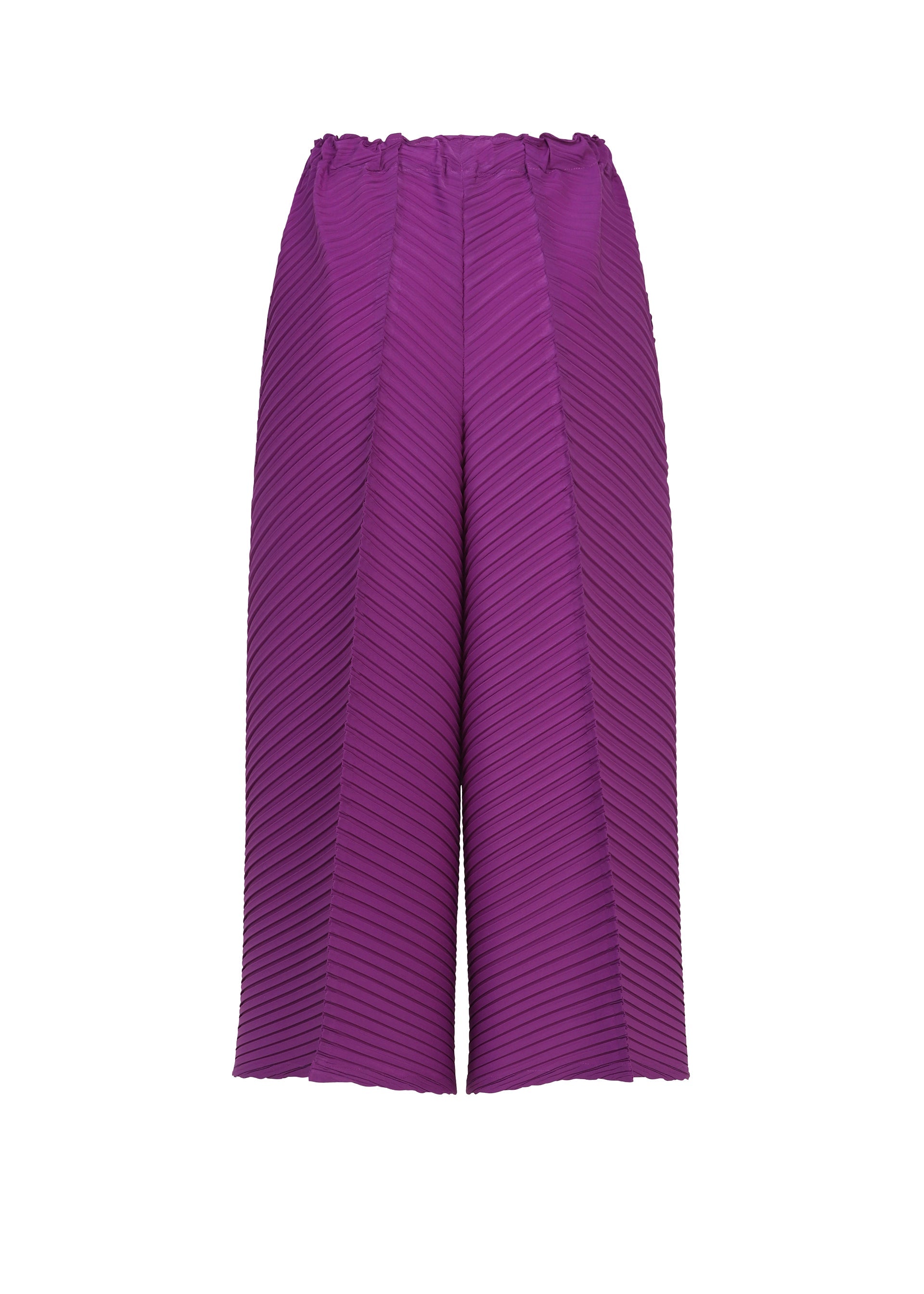 Zoomed view Introducing TUBULAR PLEATS by ISSEY MIYAKE: Cropped wide-leg purple pants, featuring a distinctive diagonal ribbed pattern and elastic waistband. Expertly crafted from crepe de chine with signature diagonal pleating for a structured, modern silhouette.