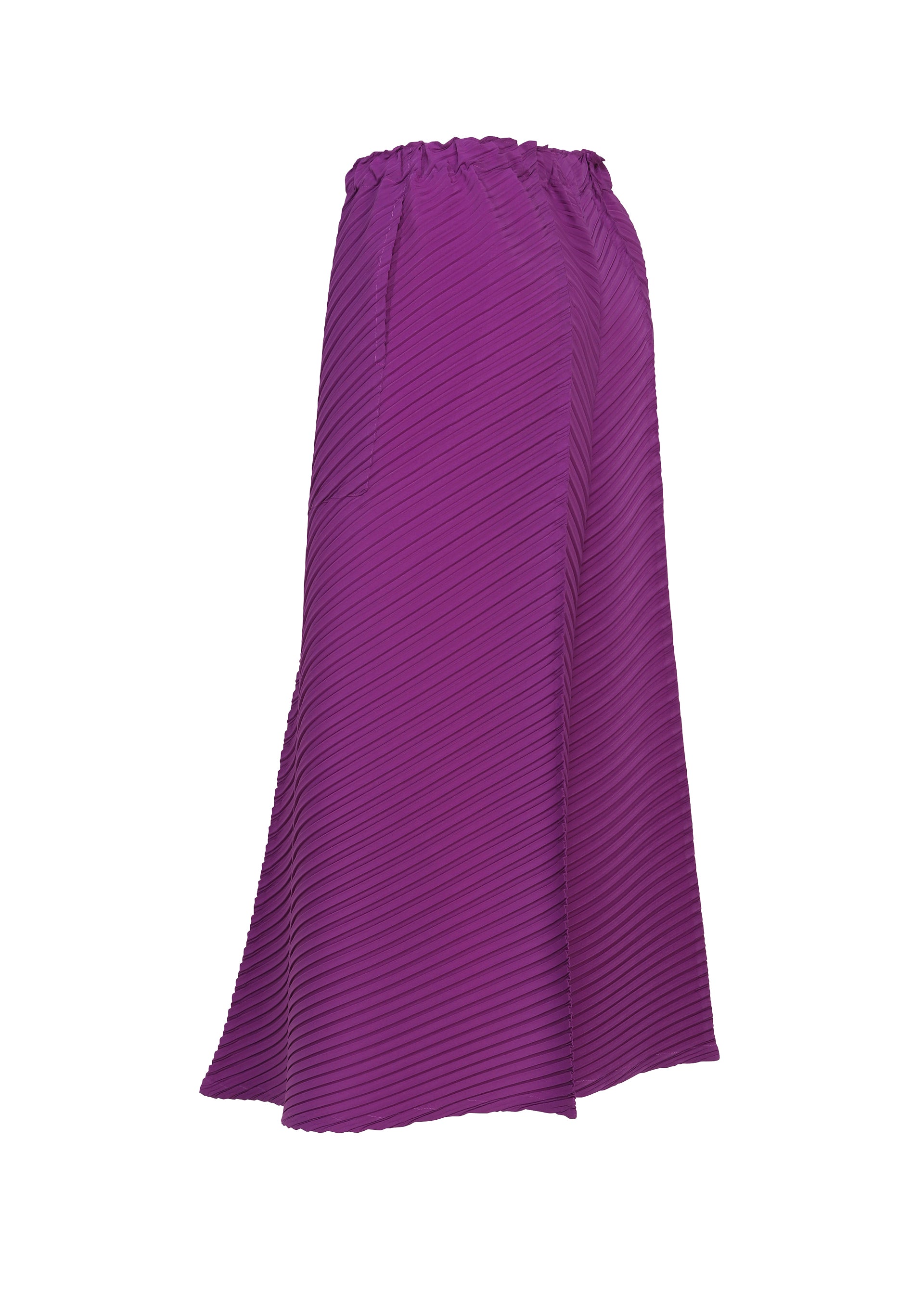 Zoomed view The TUBULAR PLEATS skirt by ISSEY MIYAKE is a purple, high-waisted midi featuring diagonal pleating, a ribbed texture, and an elastic waistband. Crafted from luxurious crepe de chine fabric, it is showcased against a plain white background.