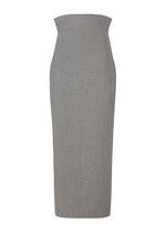 The ISSEY MIYAKE ALLOW is a high-waisted, form-fitting grey pencil skirt made from a textured washi paper-blend fabric with a straight hem, shown on a plain white background. - GRAY （no.12）