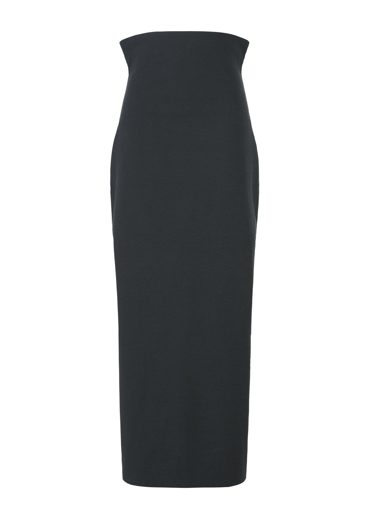 The ALLOW dress by ISSEY MIYAKE is a minimalist black, strapless, high-waisted, form-fitting midi with a straight silhouette and long skirt, photographed against a white background. view 3 of 9