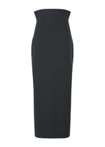 The ALLOW dress by ISSEY MIYAKE is a minimalist black, strapless, high-waisted, form-fitting midi with a straight silhouette and long skirt, photographed against a white background. - DARK NAVY （no.78）