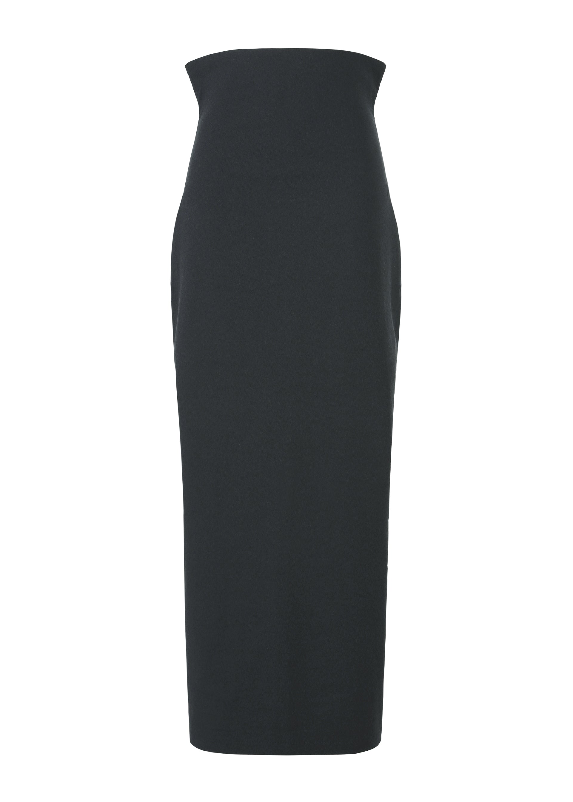 Zoomed view The ALLOW dress by ISSEY MIYAKE is a minimalist black, strapless, high-waisted, form-fitting midi with a straight silhouette and long skirt, photographed against a white background. - DARK NAVY （no.78）