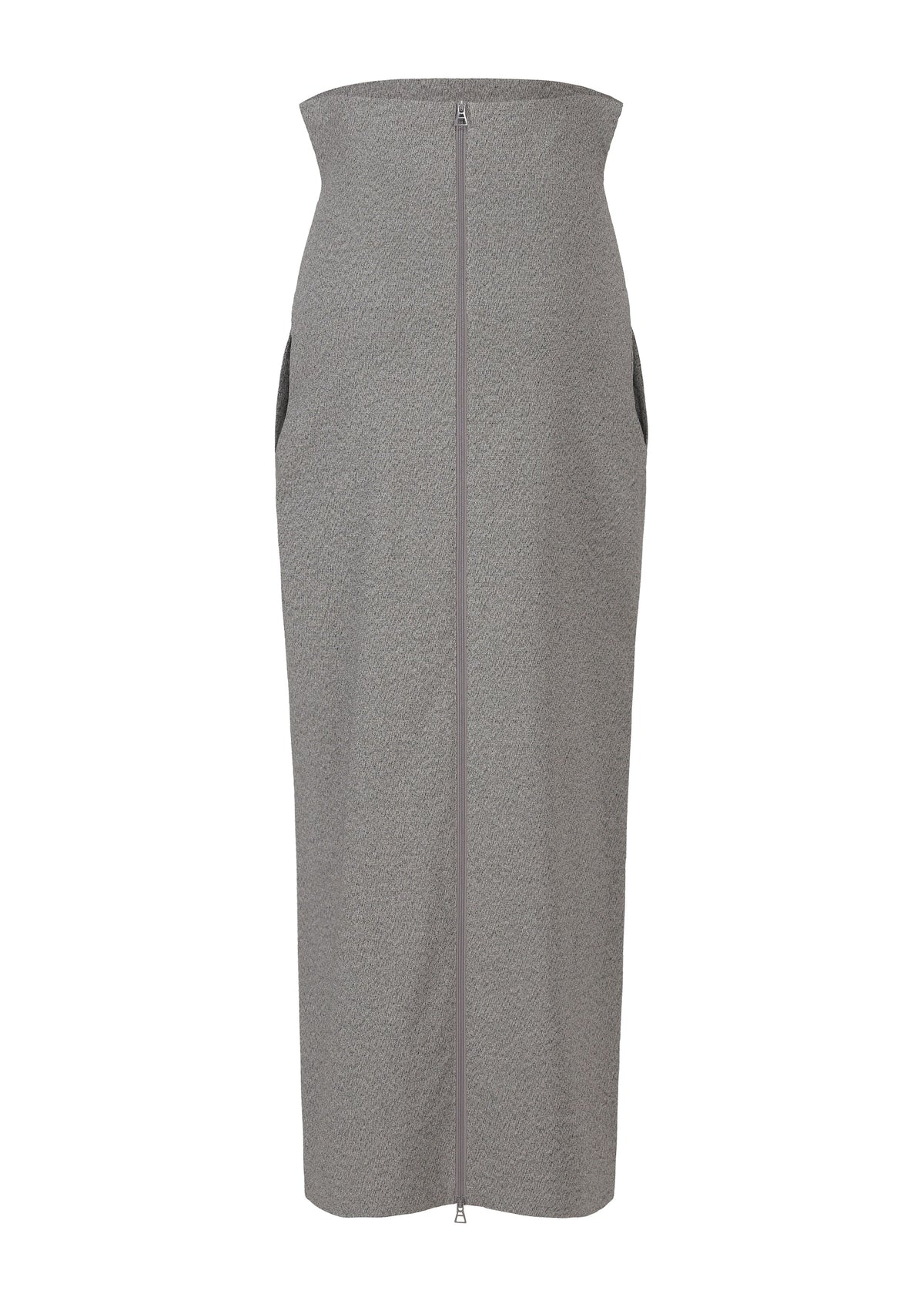 The ALLOW skirt by ISSEY MIYAKE features a high-waisted, fitted gray silhouette with a front zipper from waist to hem, subtle side pocket openings, and a minimalist design inspired by washi paper-blend textures. view 4 of 9