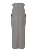 The ALLOW skirt by ISSEY MIYAKE features a high-waisted, fitted gray silhouette with a front zipper from waist to hem, subtle side pocket openings, and a minimalist design inspired by washi paper-blend textures.
