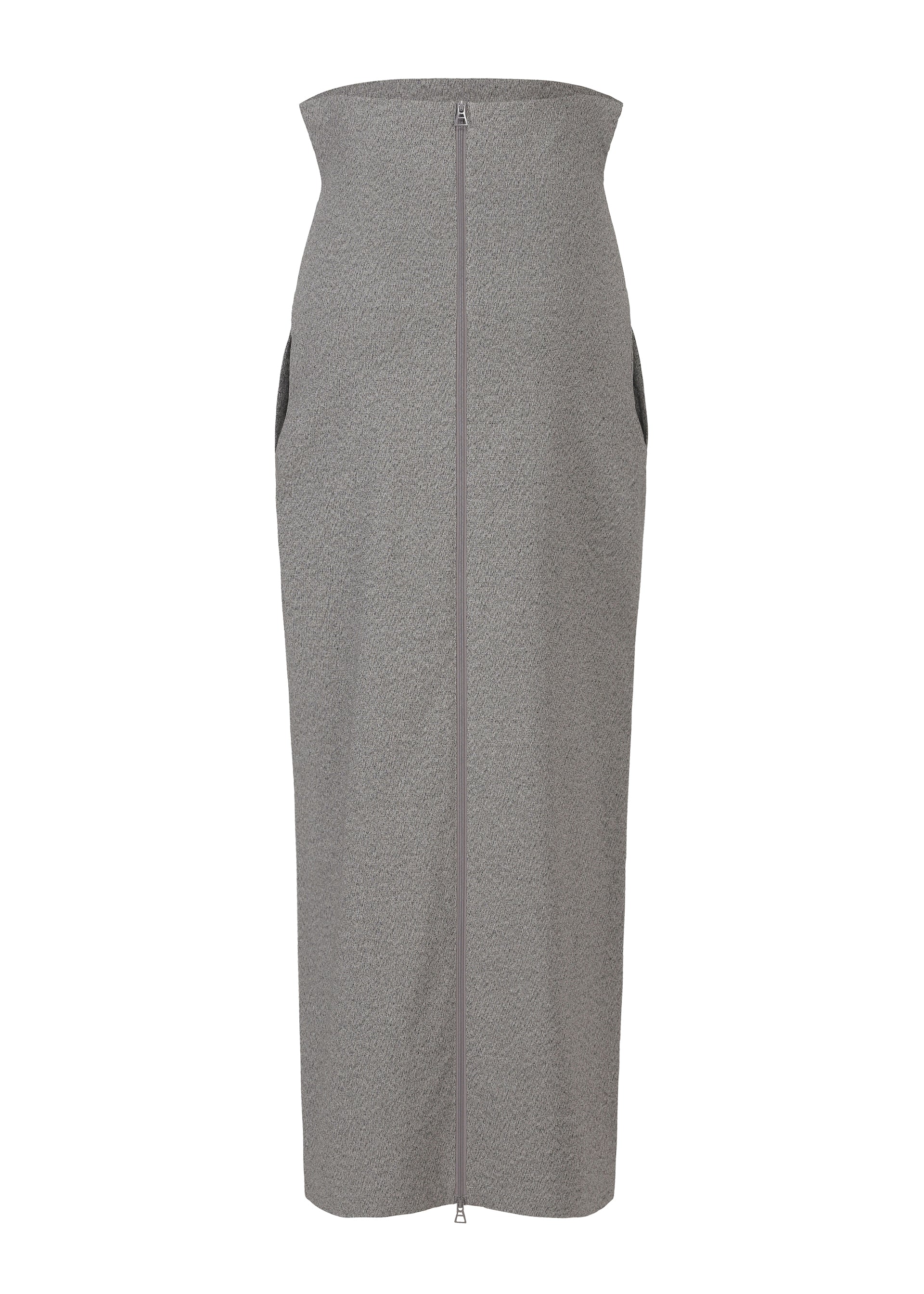 Zoomed view The ALLOW skirt by ISSEY MIYAKE features a high-waisted, fitted gray silhouette with a front zipper from waist to hem, subtle side pocket openings, and a minimalist design inspired by washi paper-blend textures.