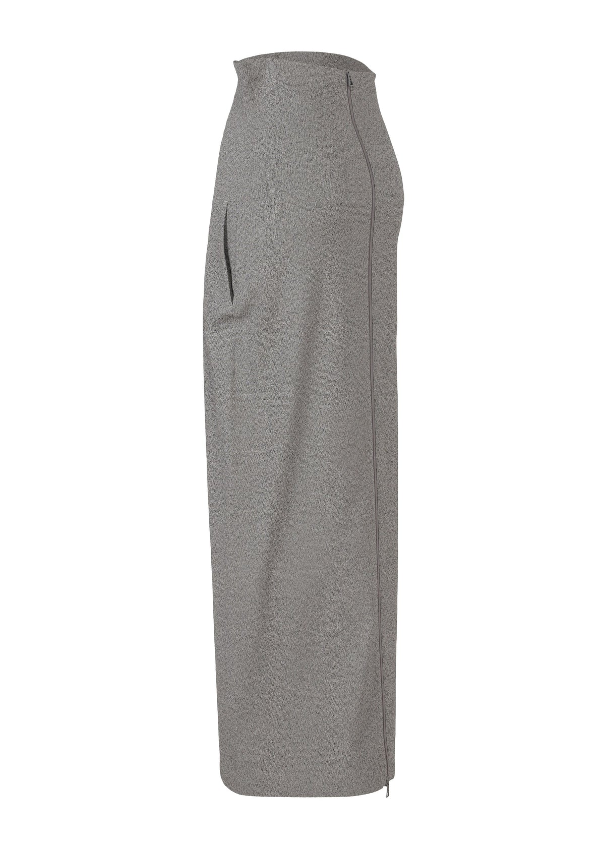 Side view of the ALLOW skirt by ISSEY MIYAKE: a minimalist, long, high-waisted grey skirt with subtle textured pattern, vertical seam, side pocket, and straight tailored silhouette crafted from a washi paper-blend. view 5 of 9