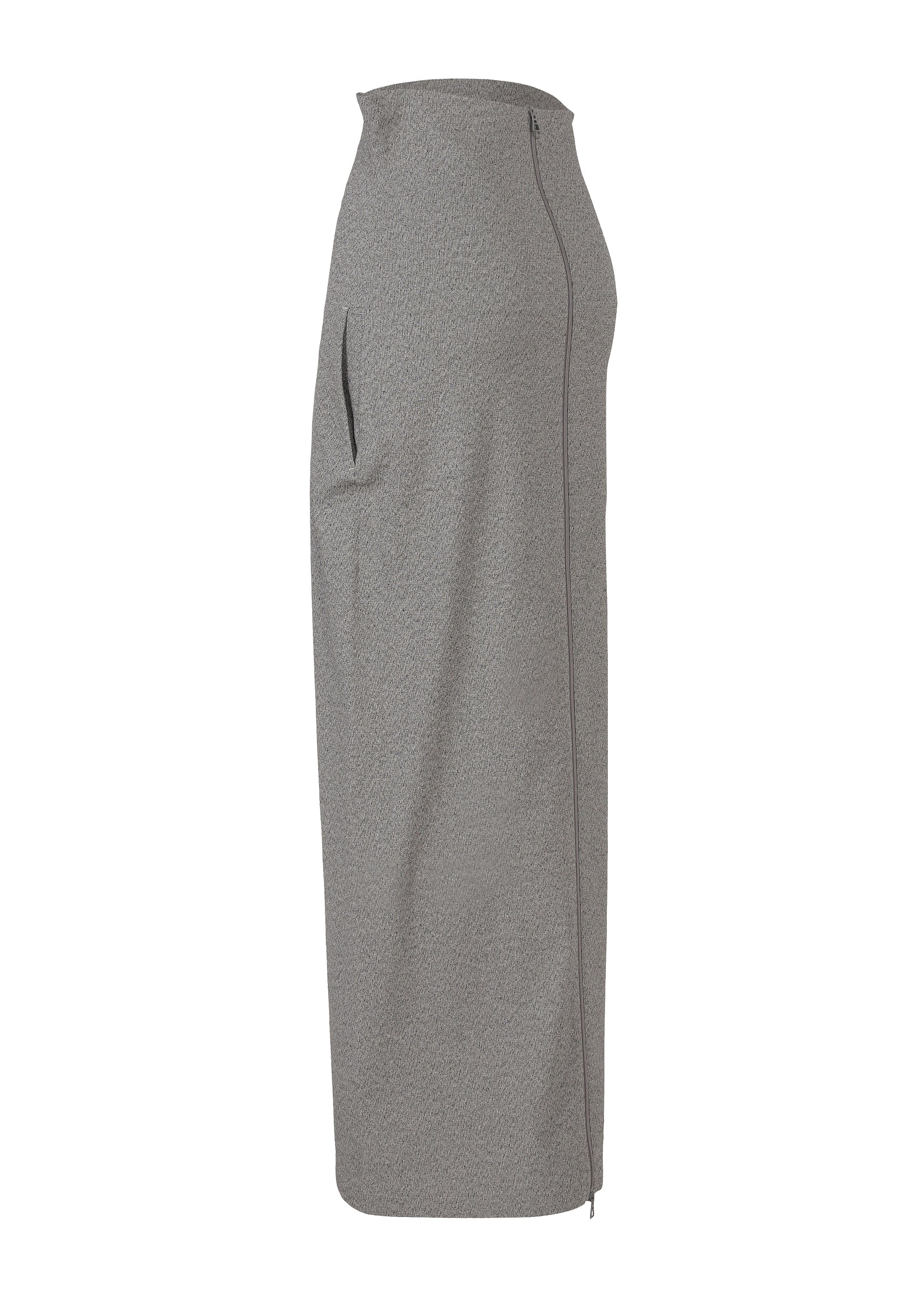 Zoomed view Side view of the ALLOW skirt by ISSEY MIYAKE: a minimalist, long, high-waisted grey skirt with subtle textured pattern, vertical seam, side pocket, and straight tailored silhouette crafted from a washi paper-blend.