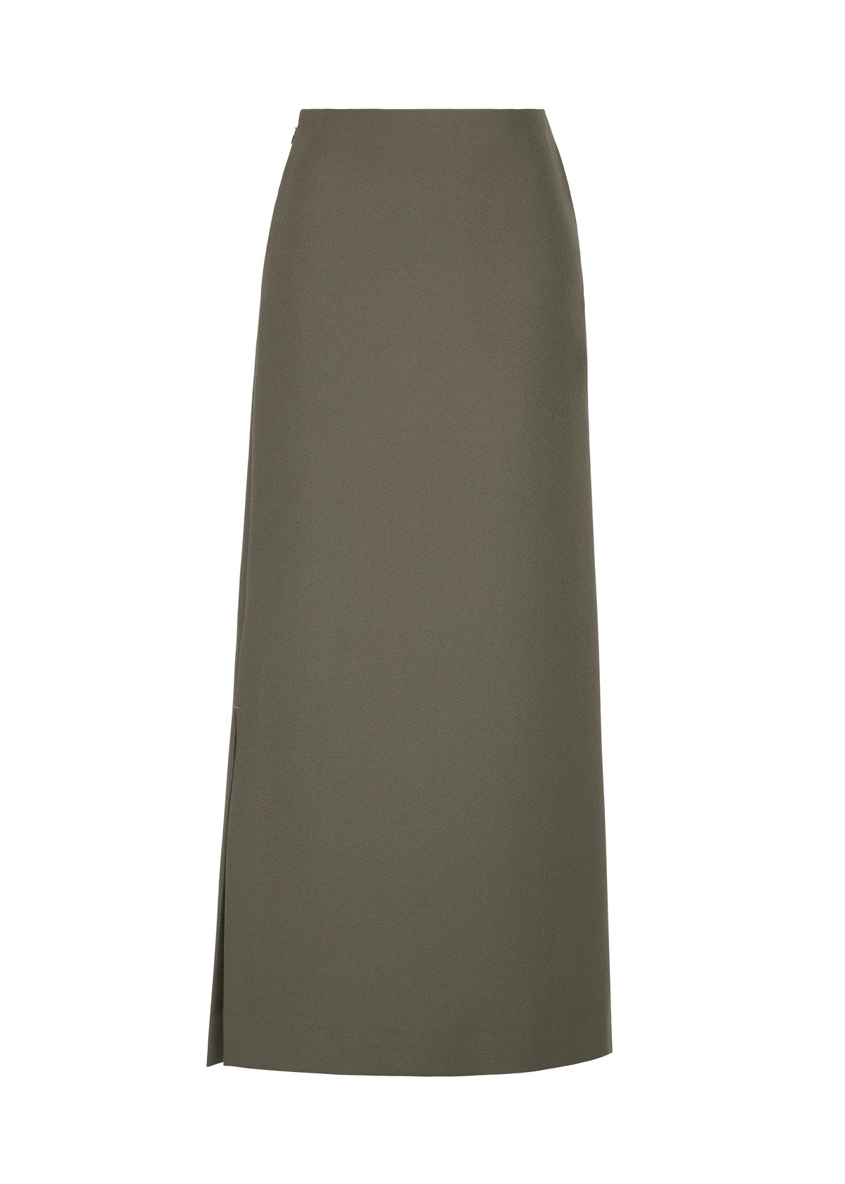 An olive green, long high-waisted skirt made from worsted wool, featuring a straight silhouette and a subtle side slit, is showcased on a white background—the CALLIGRAPH by ISSEY MIYAKE, reflecting the brand’s signature minimalist style. view 1 of 5