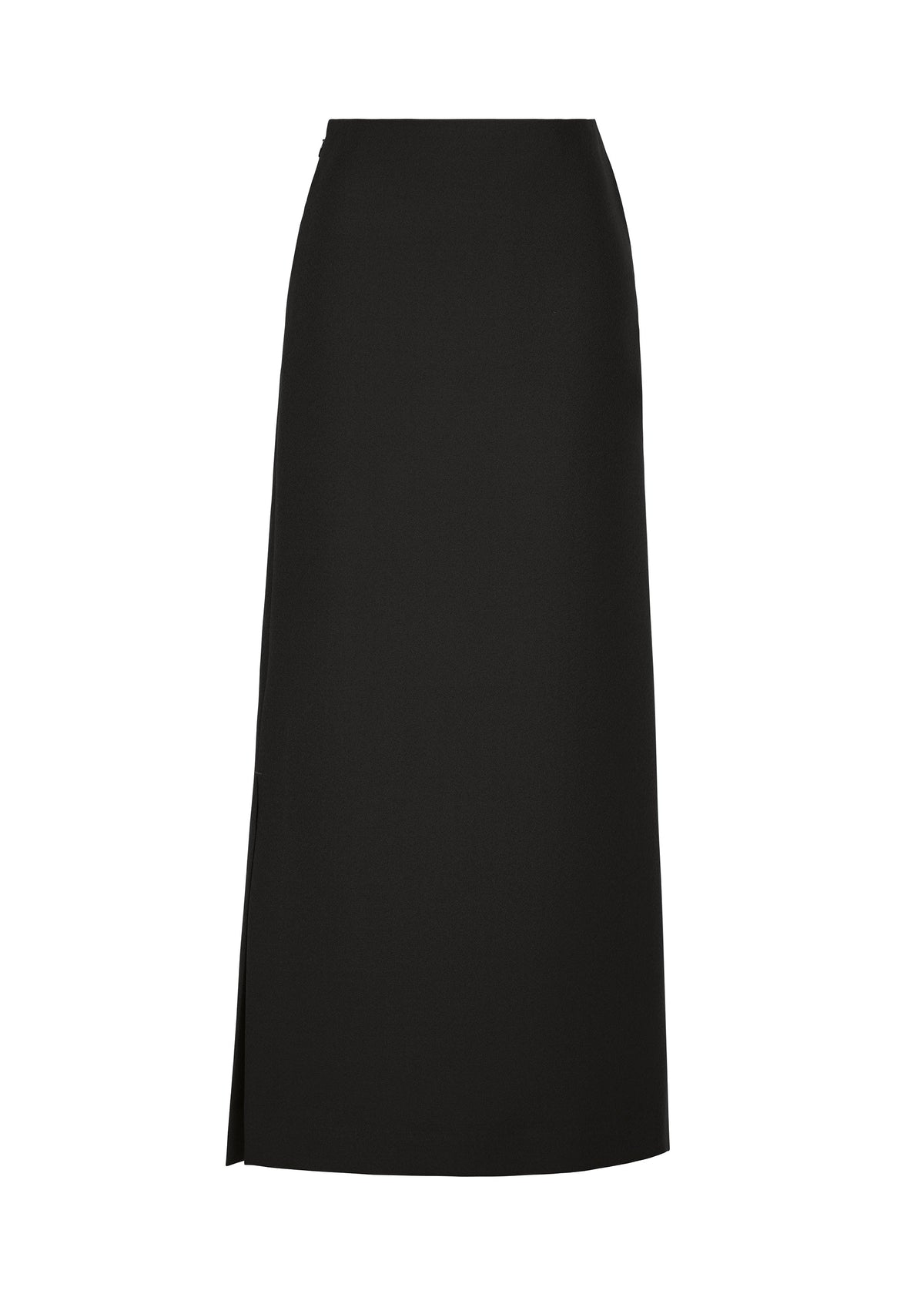 The CALLIGRAPH skirt by ISSEY MIYAKE is a long, straight black piece featuring a high waist and a subtle side slit. Expertly tailored from worsted wool in refined ISSEY MIYAKE style, its simple and elegant design is free of visible embellishments or patterns. view 2 of 5