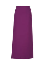 The CALLIGRAPH by ISSEY MIYAKE is a long, high-waisted purple skirt made from luxurious worsted wool, showcasing a minimalist design and a subtle side slit. - PURPLE （no.81）