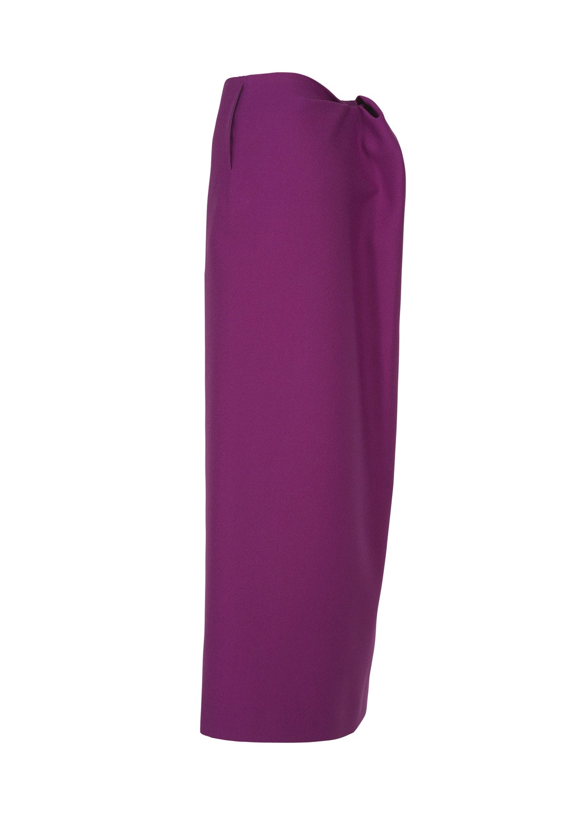 The CALLIGRAPH skirt by ISSEY MIYAKE is a high-waisted, ankle-length purple pencil skirt made from fine worsted wool, displayed from the side against a white background. view 5 of 5