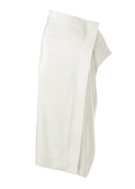 The MERCURY skirt by ISSEY MIYAKE is a white, knee-length wrap skirt made from luxurious Italian fabric with a silky sheen and asymmetrical front panel—ideal for special occasions, shown on a plain white background. - LIGHT GRAY （no.11）