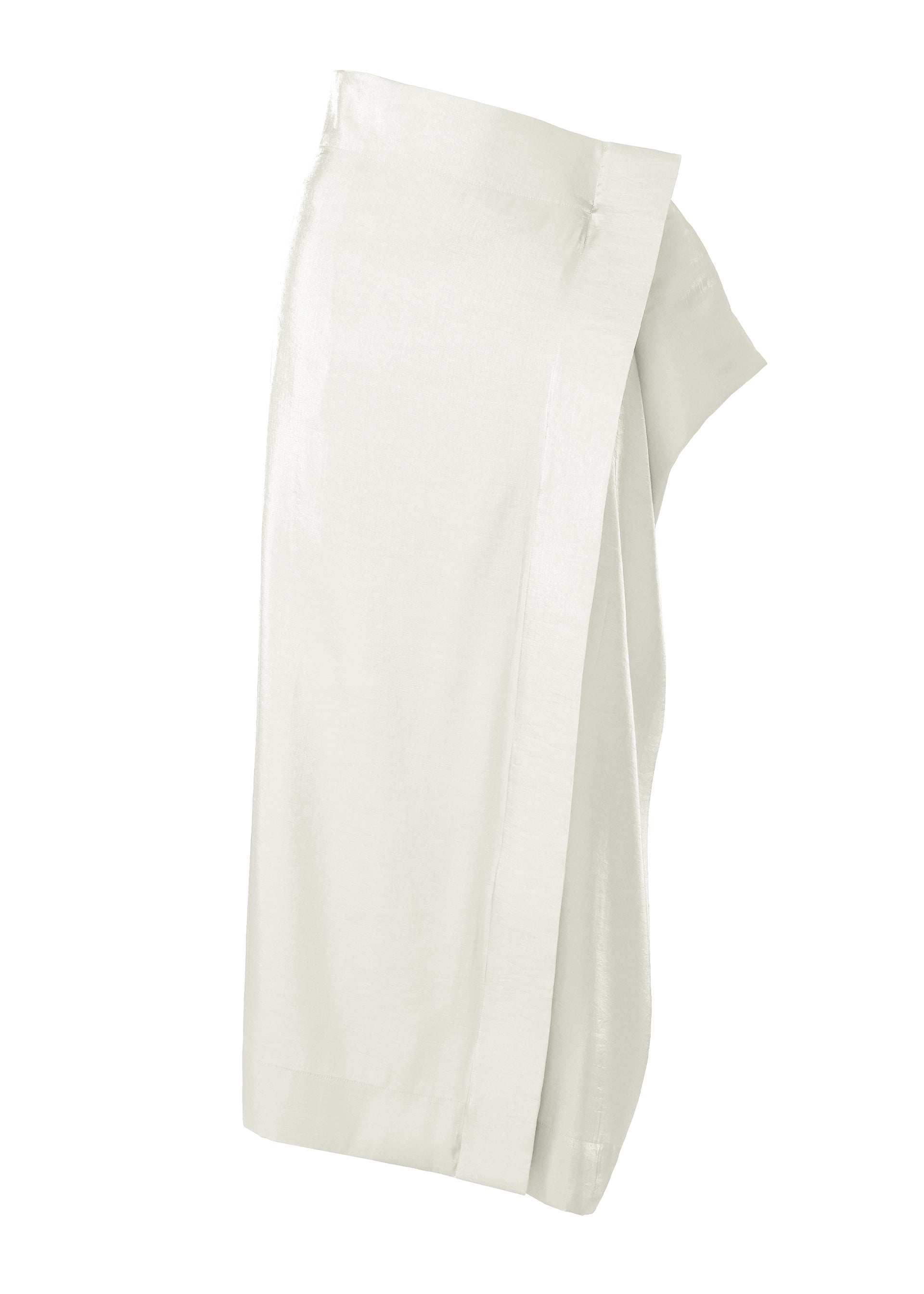 Zoomed view The MERCURY skirt by ISSEY MIYAKE is a white, knee-length wrap skirt made from luxurious Italian fabric with a silky sheen and asymmetrical front panel—ideal for special occasions, shown on a plain white background. - LIGHT GRAY （no.11）