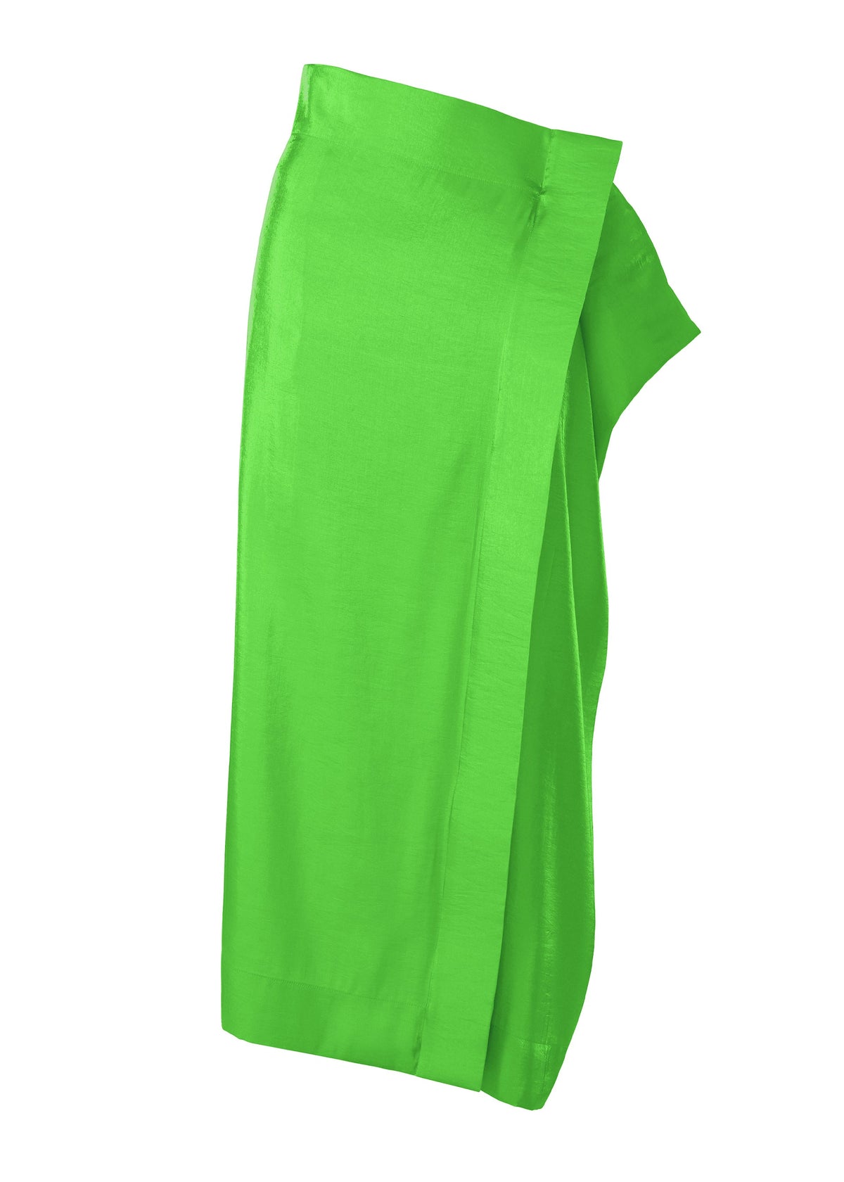 The MERCURY wrap skirt by ISSEY MIYAKE is crafted from luxurious Italian fabric in bright green, features a silky finish and side tie, and is shown against a white background. view 2 of 9
