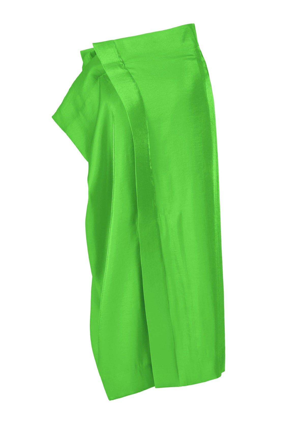 A folded piece of bright green ISSEY MIYAKE MERCURY cloth, draped vertically against a white background. view 4 of 9