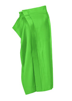 A folded piece of bright green ISSEY MIYAKE MERCURY cloth, draped vertically against a white background.