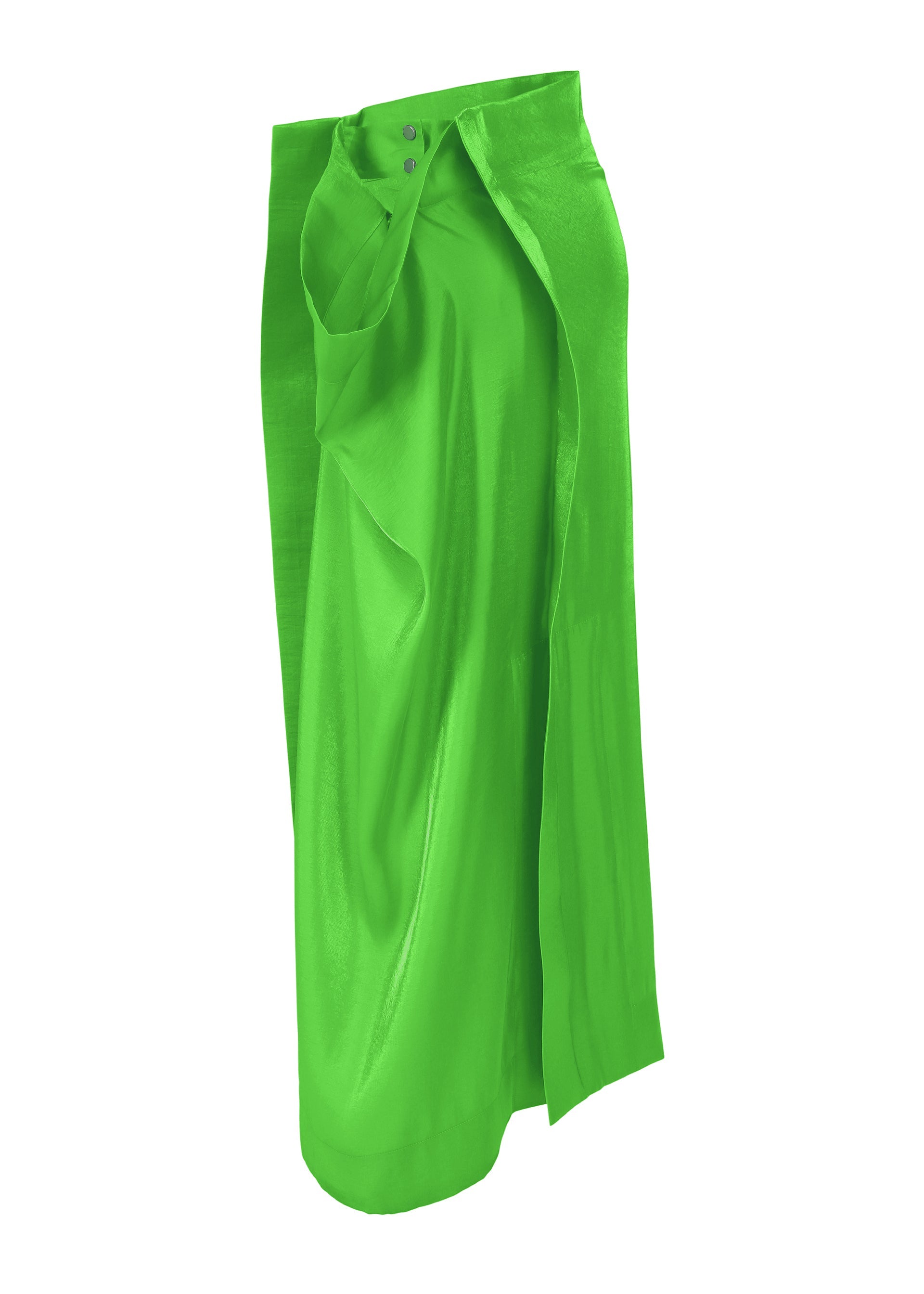 Zoomed view The MERCURY skirt by ISSEY MIYAKE is a vibrant green Italian cloth wrap with a draped front and dual button waist closures, ideal for special occasions. Shown on a white background.