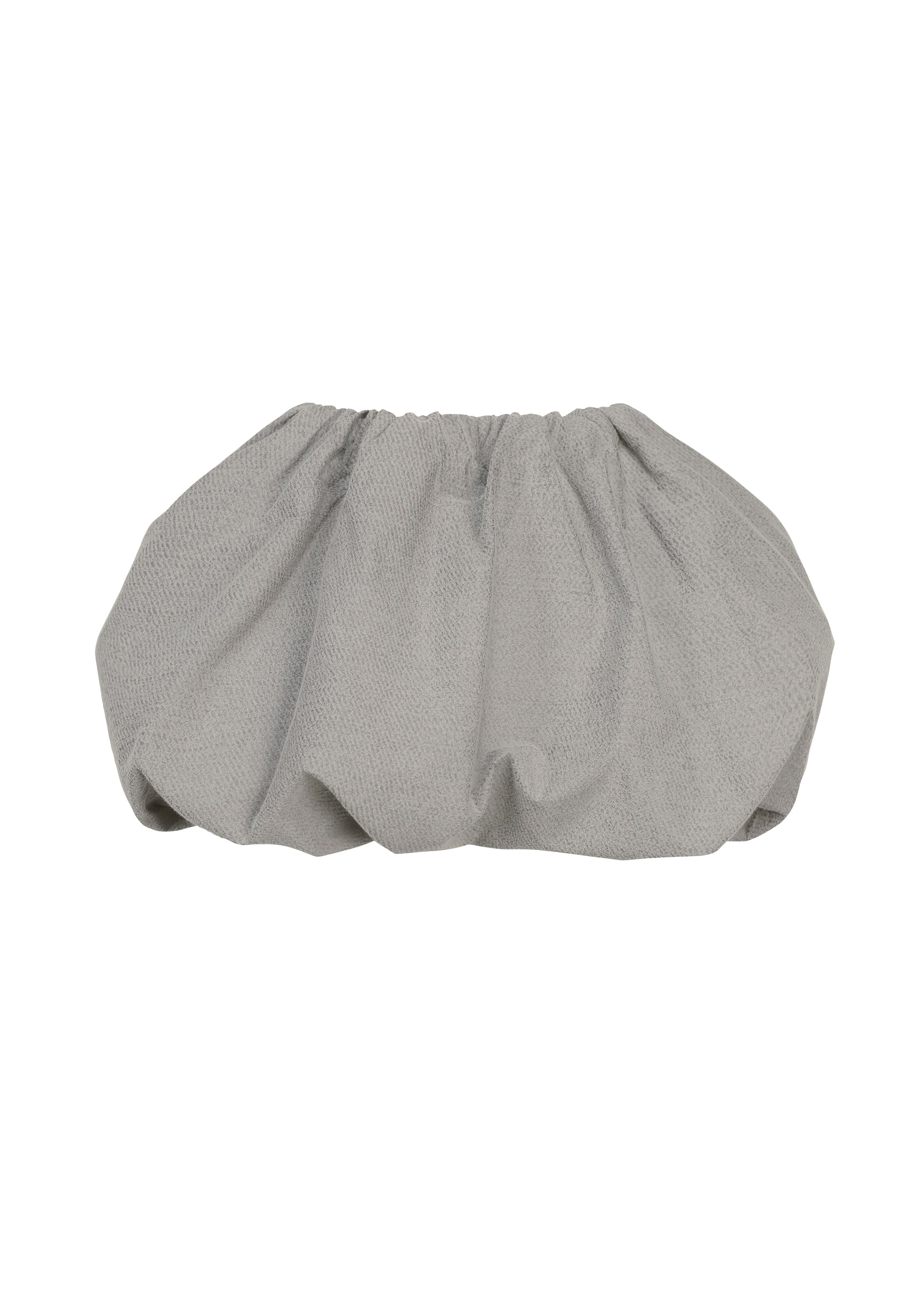 Zoomed view ISSEY MIYAKE’s REFLECTION scrunchie features soft reflector fabric in gray, creating a gathered, ruffled design with a subtle shine and contemporary edge, photographed on a plain white background. - LIGHT GRAY （no.11）