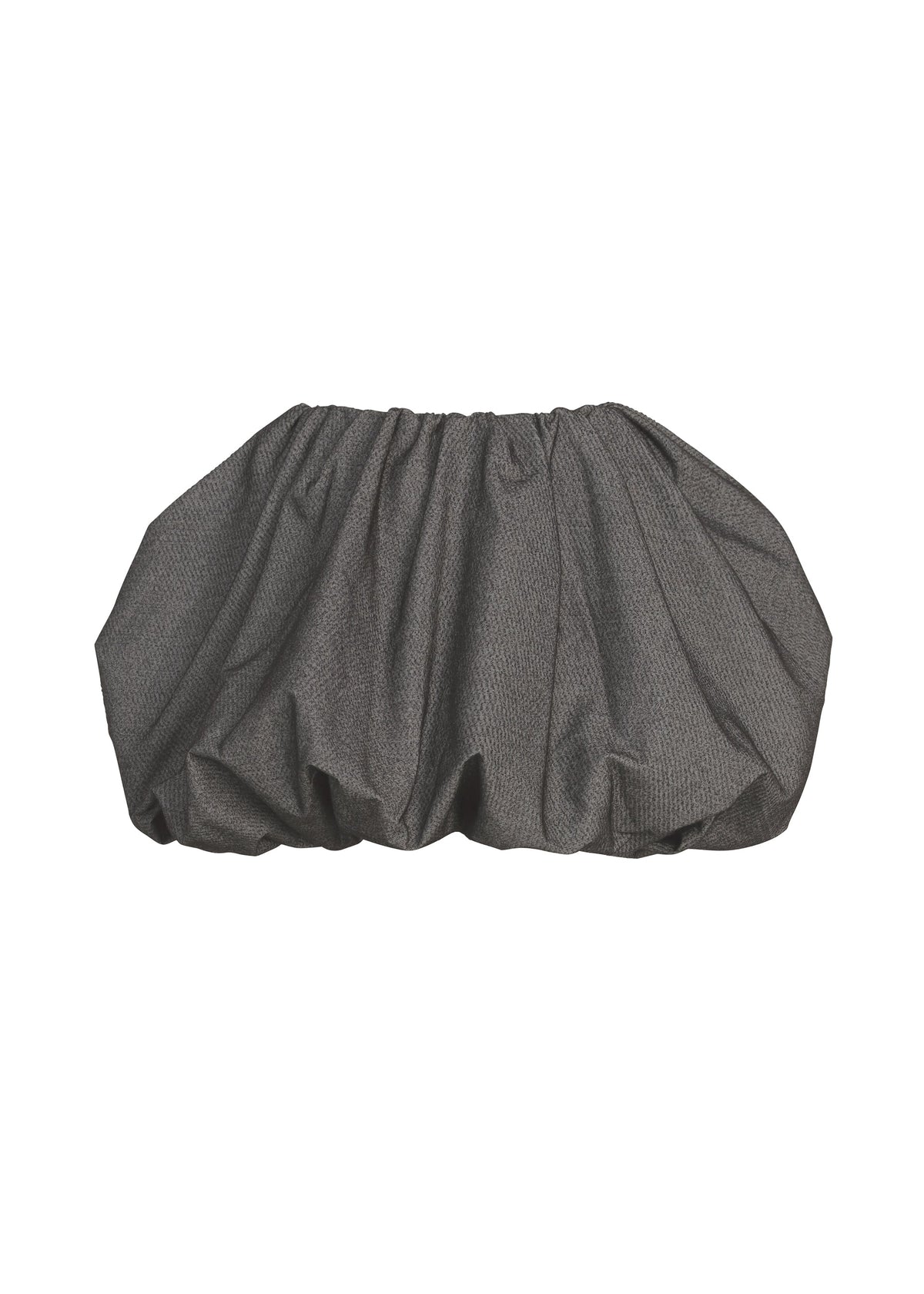 The REFLECTION oversized clutch bag by ISSEY MIYAKE features a charcoal gray, gathered ruched fabric design inspired by the voluminous allure of a silver skirt, creating a puffed appearance against a white background. view 2 of 8