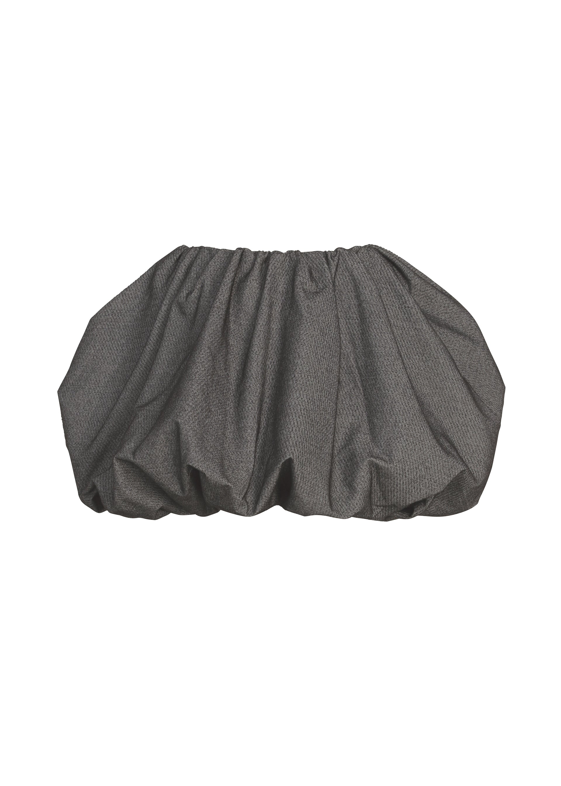 Zoomed view The REFLECTION oversized clutch bag by ISSEY MIYAKE features a charcoal gray, gathered ruched fabric design inspired by the voluminous allure of a silver skirt, creating a puffed appearance against a white background. - GRAY （no.12）