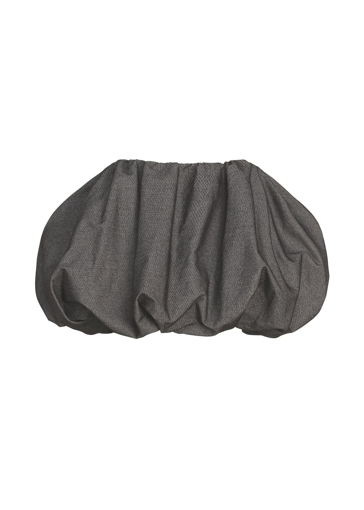 The REFLECTION oversized clutch bag by ISSEY MIYAKE features a dark gray reflector fabric cover and a ruched, gathered design, displayed against a white background. view 3 of 8