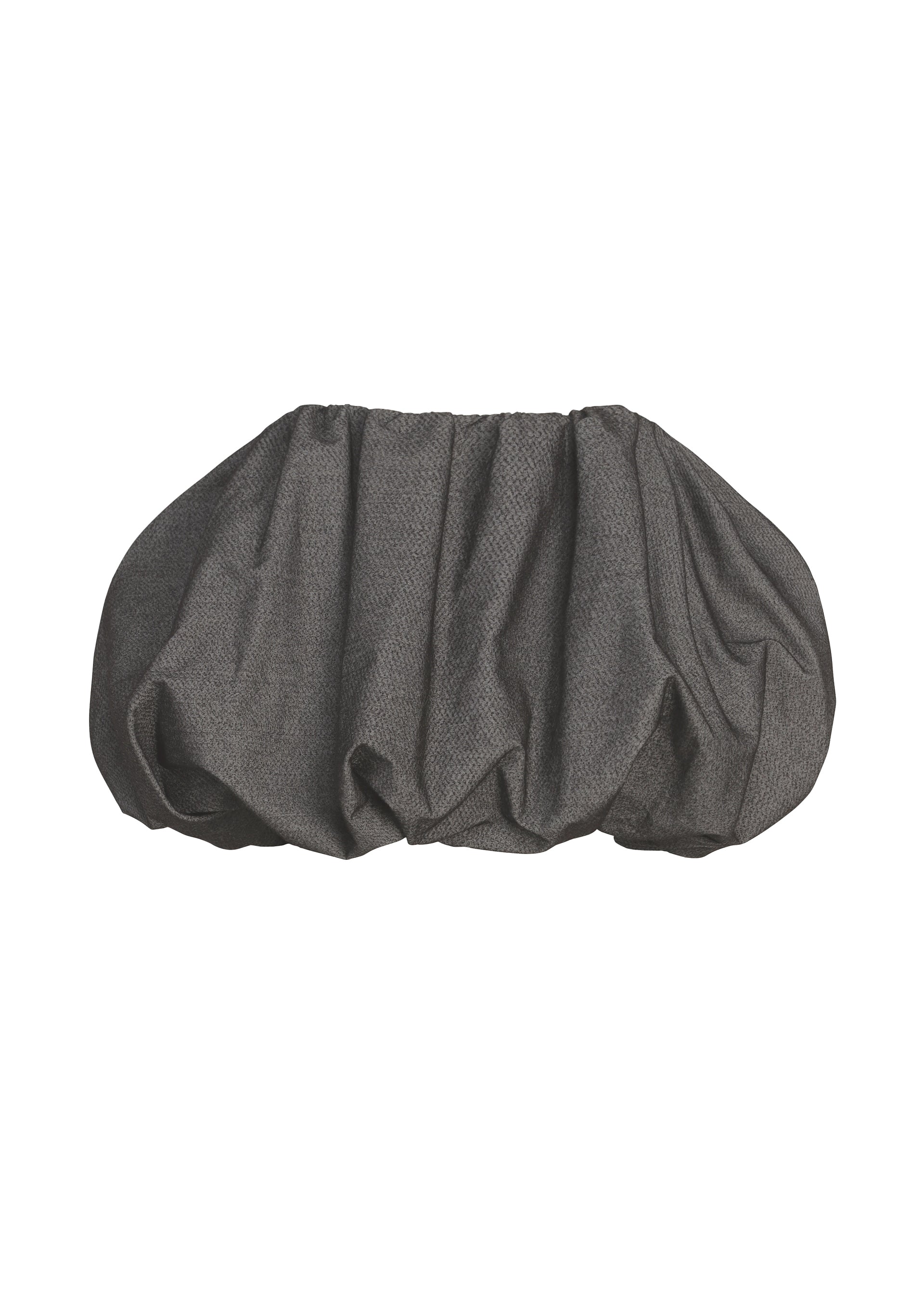 Zoomed view The REFLECTION oversized clutch bag by ISSEY MIYAKE features a dark gray reflector fabric cover and a ruched, gathered design, displayed against a white background.