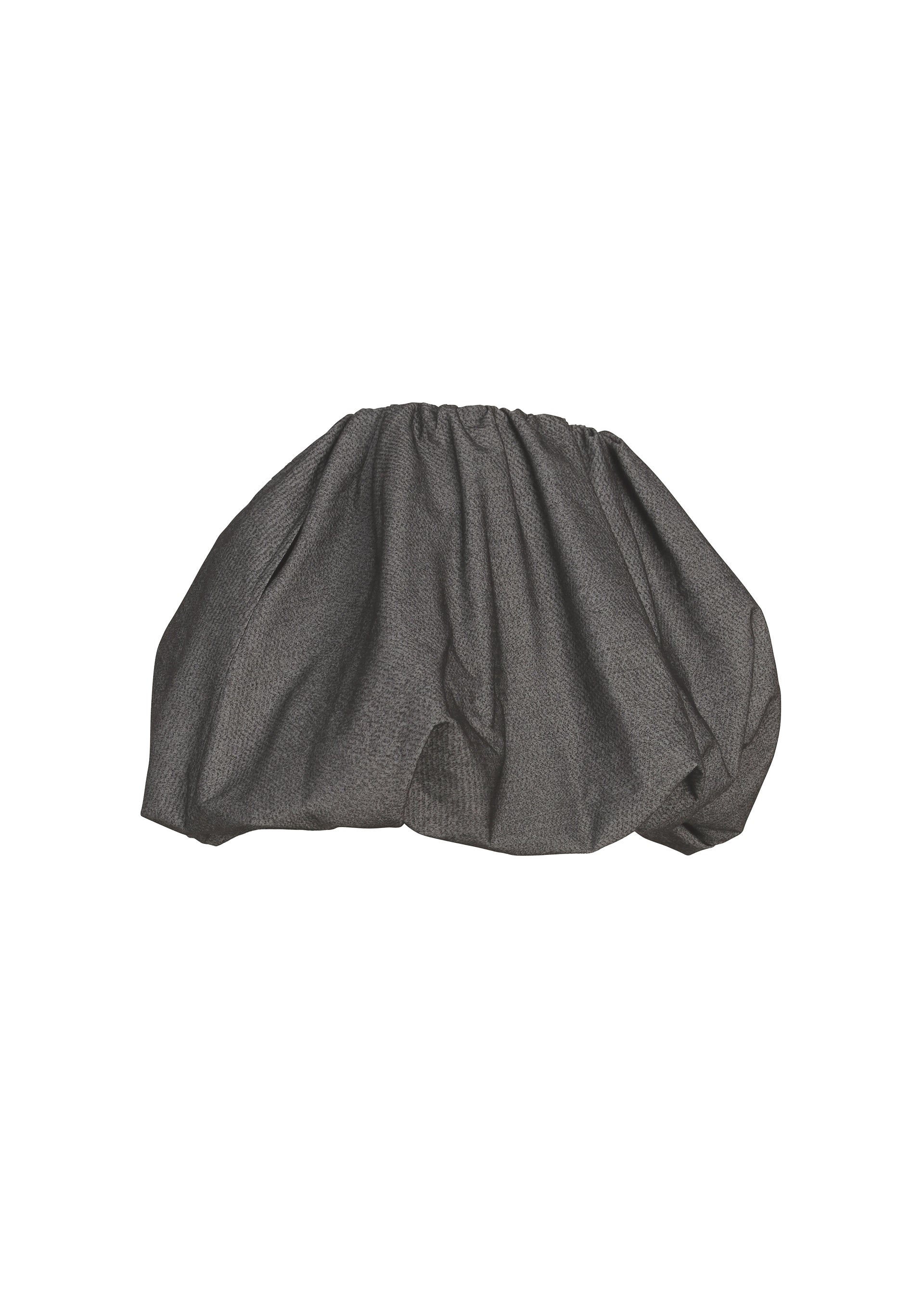 Zoomed view The REFLECTION skirt by ISSEY MIYAKE features a grey textured bubble silhouette with voluminous gathers and an elastic waistband, crafted from subtle reflector fabric for a contemporary look; showcased against a plain white background.
