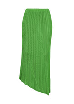 The UNFURLING PLEATS skirt by ISSEY MIYAKE is a green, midi-length design with Keshi pleats, an elastic waistband, and an asymmetrical hem, shown on a white background. - GREEN （no.62）