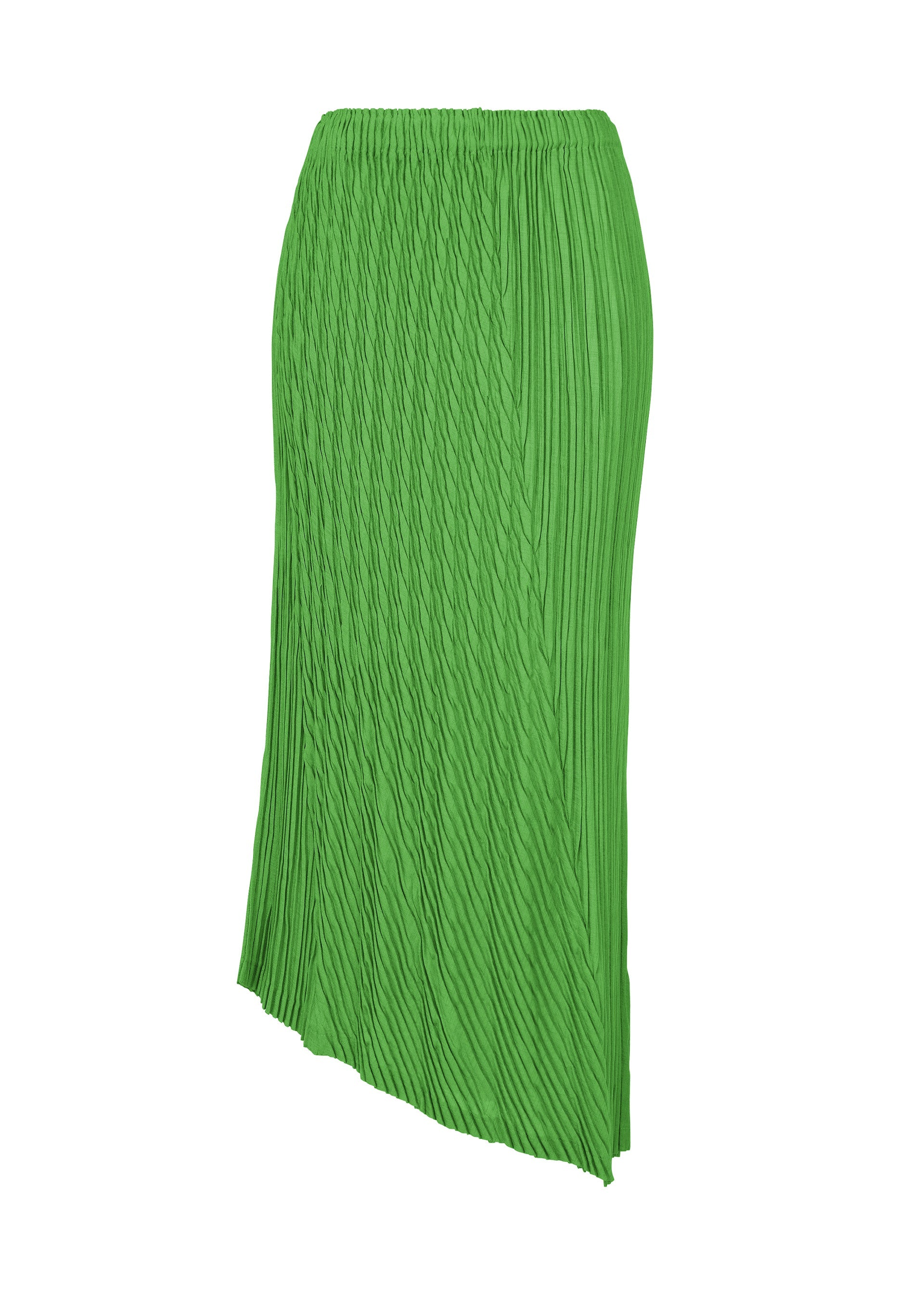 Zoomed view The UNFURLING PLEATS skirt by ISSEY MIYAKE is a green, midi-length design with Keshi pleats, an elastic waistband, and an asymmetrical hem, shown on a white background. - GREEN （no.62）