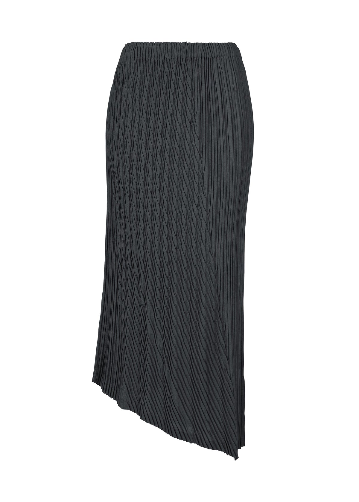 UNFURLING PLEATS by ISSEY MIYAKE: A black midi skirt with diagonal Keshi pleats, asymmetrical hem, and elastic waistband, shown on a plain white background. view 3 of 8