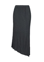 UNFURLING PLEATS by ISSEY MIYAKE: A black midi skirt with diagonal Keshi pleats, asymmetrical hem, and elastic waistband, shown on a plain white background. - DARK NAVY （no.78）