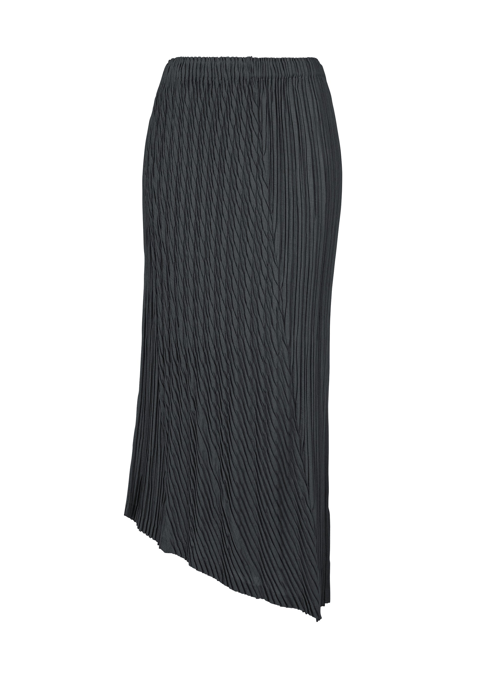 Zoomed view UNFURLING PLEATS by ISSEY MIYAKE: A black midi skirt with diagonal Keshi pleats, asymmetrical hem, and elastic waistband, shown on a plain white background. - DARK NAVY （no.78）