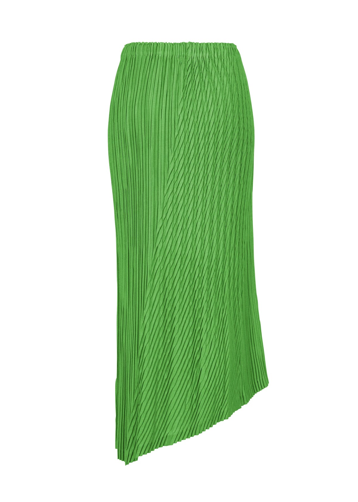 The UNFURLING PLEATS skirt by ISSEY MIYAKE is green with diagonal Keshi pleats, an asymmetrical hemline, subtle pattern, and an elastic waistband. view 4 of 8