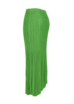 The UNFURLING PLEATS skirt by ISSEY MIYAKE is a long, high-waisted green piece with diagonal Keshi pleats and a flowing silhouette, shown against a white background.