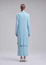 A person with straight, reddish-brown hair wears the ISSEY MIYAKE HATCHING PLEATS long, light blue recycled polyester skirt and matching coat, facing away against a plain gray background with light-colored shoes.
