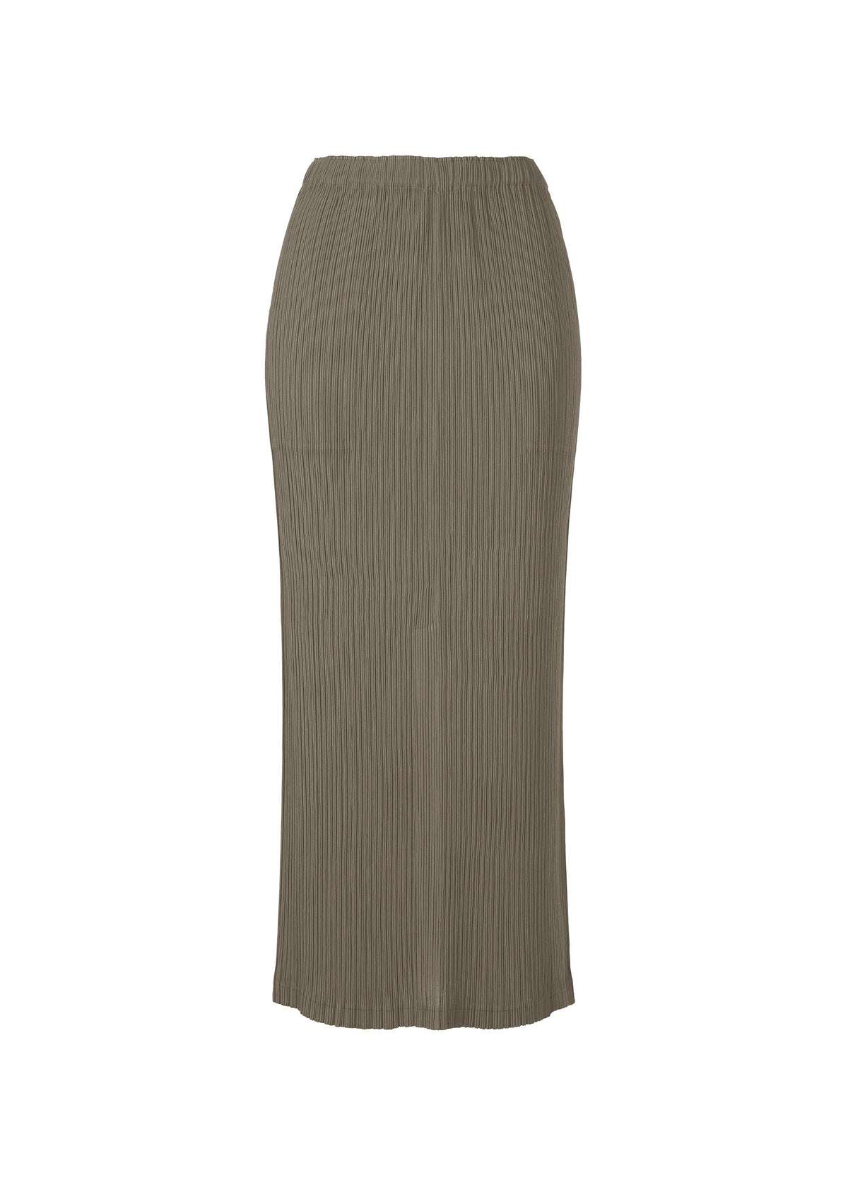 The HATCHING PLEATS skirt by ISSEY MIYAKE is a long, high-waisted olive green skirt in recycled polyester with ribbed texture, straight slim fit, and no visible patterns, buttons, or zippers. view 1 of 7