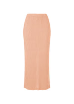 The ISSEY MIYAKE HATCHING PLEATS is a peach ribbed, high-waisted midi skirt with a slim fit and elastic waistband, featuring textured pleats and shown against a white background. - LIGHT PINK （no.21）